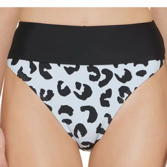 DKNY Printed High Rise Bikini Bottom Swimsuit Leopard Blue Black size L NWT - Picture 1 of 7